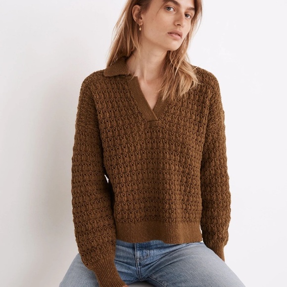Madewell Sweaters - Madewell Sunbury Open-Stitch Polo Sweater in Golden Spinach, size M